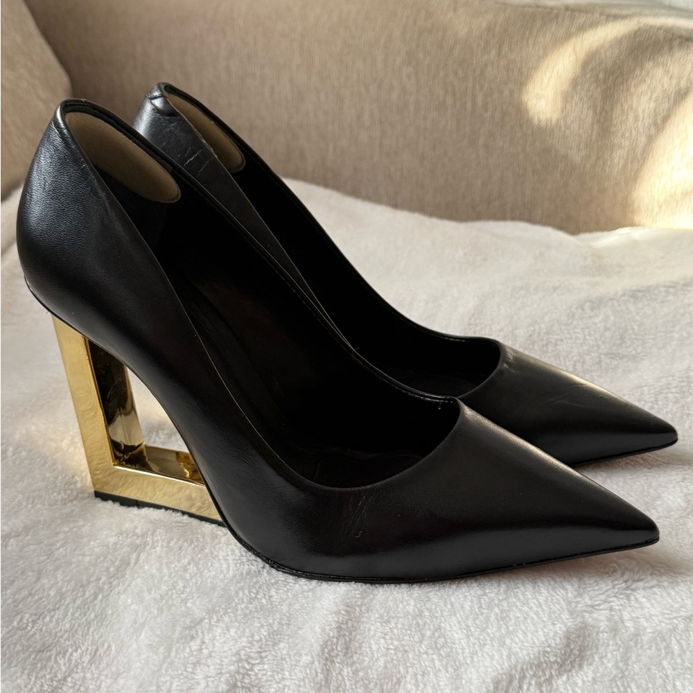 SCHUTZ Black Heels with Gold Geometric Wedge